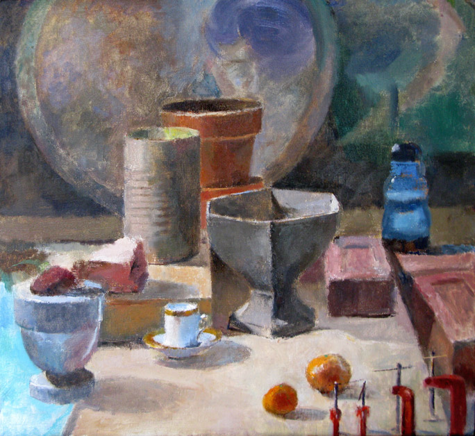 still life with tea cup and oranges